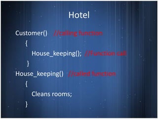 Hotel
Customer() //calling function
   {
      House_keeping(); //Function call
    }
House_keeping() //called function
   {
      Cleans rooms;
   }
 