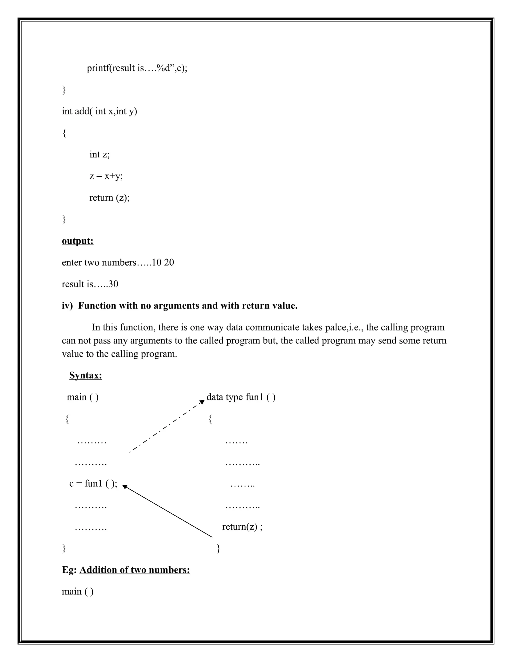 printf(result is….%d”,c);
}
int add( int x,int y)
{
int z;
z = x+y;
return (z);
}
output:
enter two numbers…..10 20
result is…..30
iv) Function with no arguments and with return value.
In this function, there is one way data communicate takes palce,i.e., the calling program
can not pass any arguments to the called program but, the called program may send some return
value to the calling program.
Syntax:
main ( ) data type fun1 ( )
{ {
……… …….
………. ………..
c = fun1 ( ); ……..
………. ………..
………. return(z) ;
} }
Eg: Addition of two numbers:
main ( )
 
