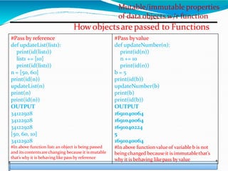 Mutable/immutable properties
of data objects w/r function
Howobjectsare passed to Functions
#Pass by reference
def updateList(list1):
print(id(list1))
list1 += [10]
print(id(list1))
n = [50, 60]
print(id(n))
updateList(n)
print(n)
print(id(n))
OUTPUT
34122928
34122928
34122928
[50, 60, 10]
34122928
#In above function list1 an object is being passed
and its contentsare changing because it is mutable
that’s why it is behaving like pass by reference
#Pass byvalue
def updateNumber(n):
print(id(n))
n += 10
print(id(n))
b = 5
print(id(b))
updateNumber(b)
print(b)
print(id(b))
OUTPUT
1691040064
1691040064
1691040224
5
1691040064
#In above function value of variable b is not
being changed becauseit is immutablethat’s
why it is behaving likepass byvalue
 