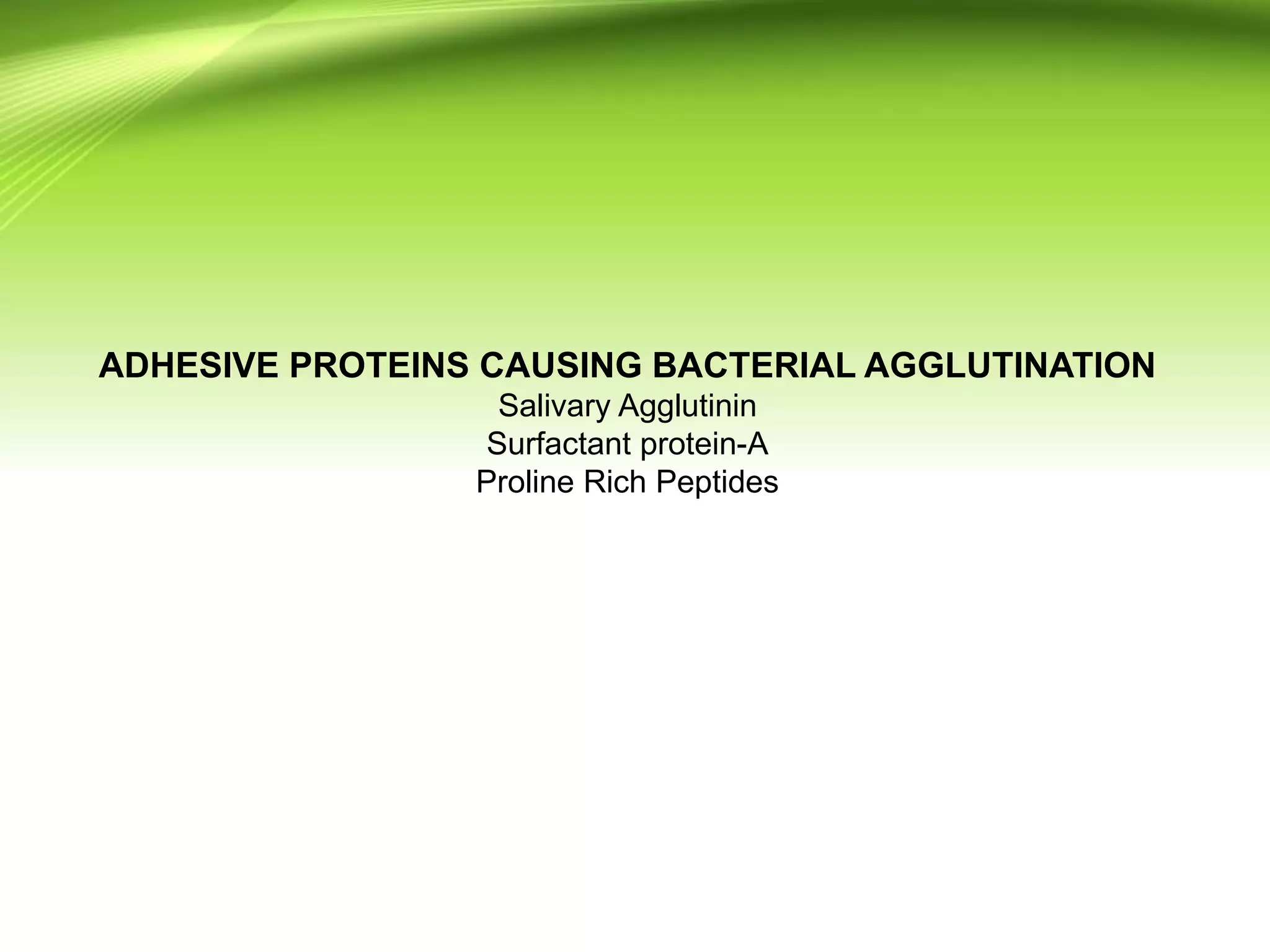 ADHESIVE PROTEINS CAUSING BACTERIAL AGGLUTINATION
Salivary Agglutinin
Surfactant protein-A
Proline Rich Peptides
 