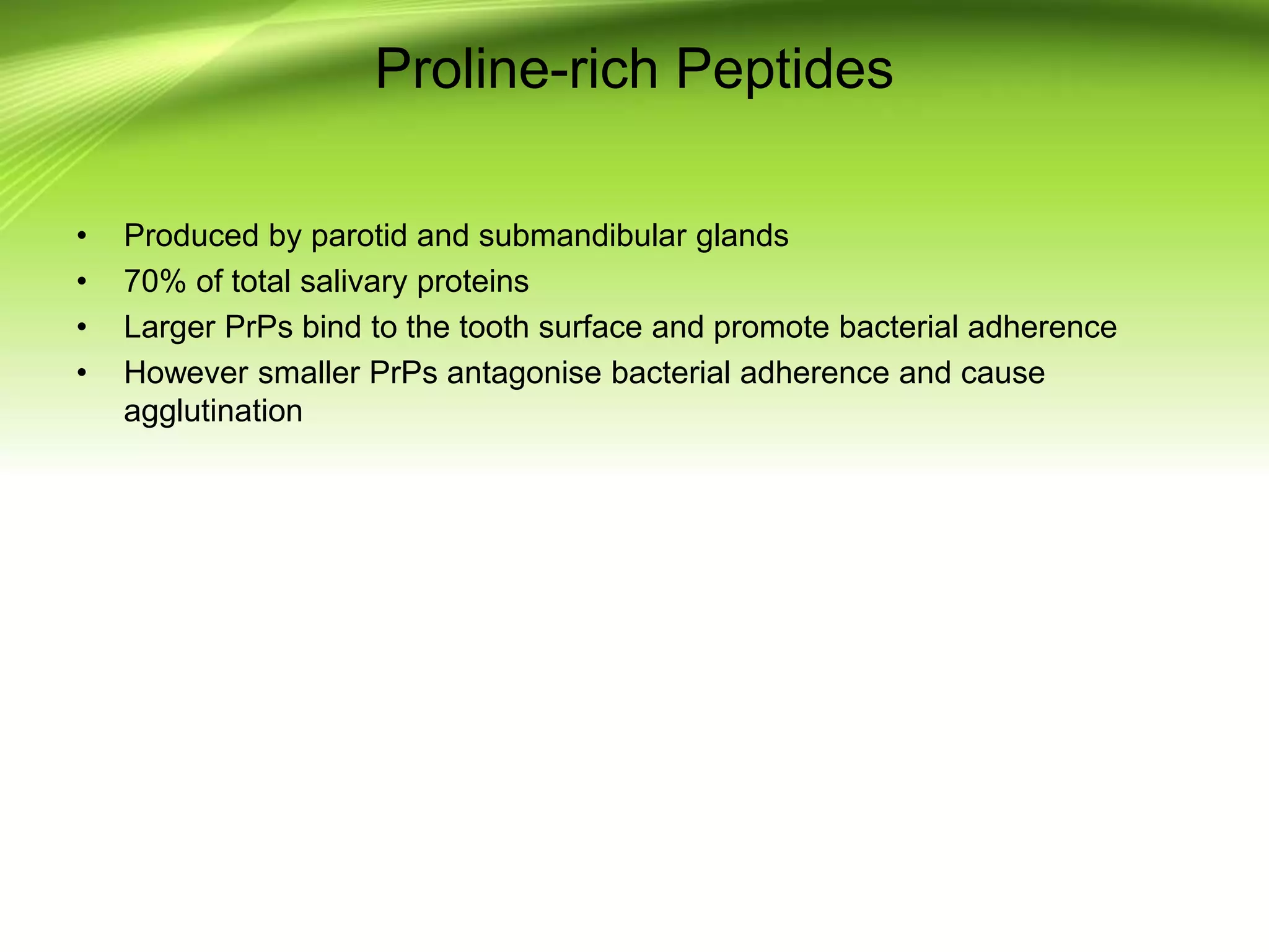 Proline-rich Peptides
• Produced by parotid and submandibular glands
• 70% of total salivary proteins
• Larger PrPs bind to the tooth surface and promote bacterial adherence
• However smaller PrPs antagonise bacterial adherence and cause
agglutination
 