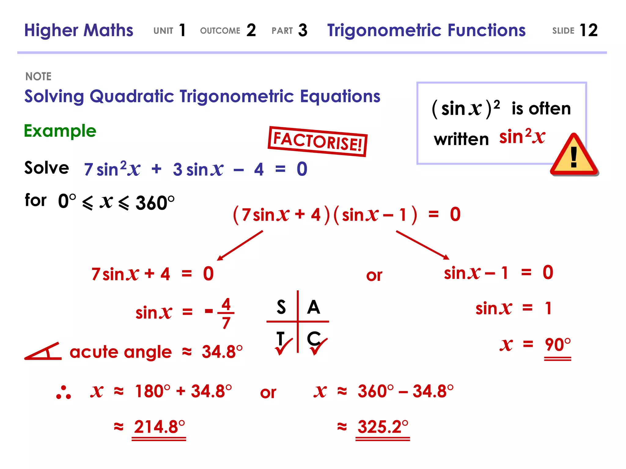 NOTE Higher Maths  1  2  3  Trigonometric Functions UNIT OUTCOME SLIDE PART (   sin   x   )   2 sin   2   x is often written Solve 7   sin   2   x   +  3   sin   x   –  4   =  0 for 0°   x 360° (   7   sin   x   +  4   )   (   sin   x   –  1   )   =  0 7   sin   x   +  4   =  0 sin   x   –  1   =  0 or sin   x   = 4 - 7 sin   x   =  1 S A T C   acute angle  ≈  34.8° x  ≈   180° + 34.8° ≈   214.8° or x  ≈   360° – 34.8° ≈   325.2° x   =  90° Example Solving Quadratic Trigonometric Equations FACTORISE! 