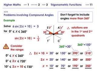 Problems involving Compound Angles NOTE Higher Maths  1  2  3  Trigonometric Functions UNIT OUTCOME SLIDE PART Solve 6   sin   (   2   x   + 10   )   =  3 for 0°   x 360° Example sin   (   2   x   + 10   )   = 2 1   solutions are in the 1 st  and 2 nd  quadrants 30° 30° 0°   x 360° 0°   2   x 720° 10°   2   x  + 10   730° Consider the range: 2   x   + 10  =  30°  or   150°   or   390°  or   510° 2   x   =  20°  or   140°   or   380°  or   500° x   =  10°  or   70°   or   190°  or   250° 360° +30° 360° +150° Don’t forget to include angles  more than 360° A + C + S + T + 