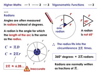 360°  degrees  =   2   π  radians   Radians NOTE Higher Maths  1  2  3  Trigonometric Functions UNIT OUTCOME SLIDE PART r r r 60° r r r one  radian A radian is  not 60° Angles are often measured in  radians  instead of degrees. A radian is the angle for which the  length of the arc  is the same as the  radius . C   =  π   D C   =  2   π   r The radius fits into the circumference  times. 2   π r r r r r r Radians are normally written as fractions of  . π 2   π ≈ 6.28… Inaccurate 