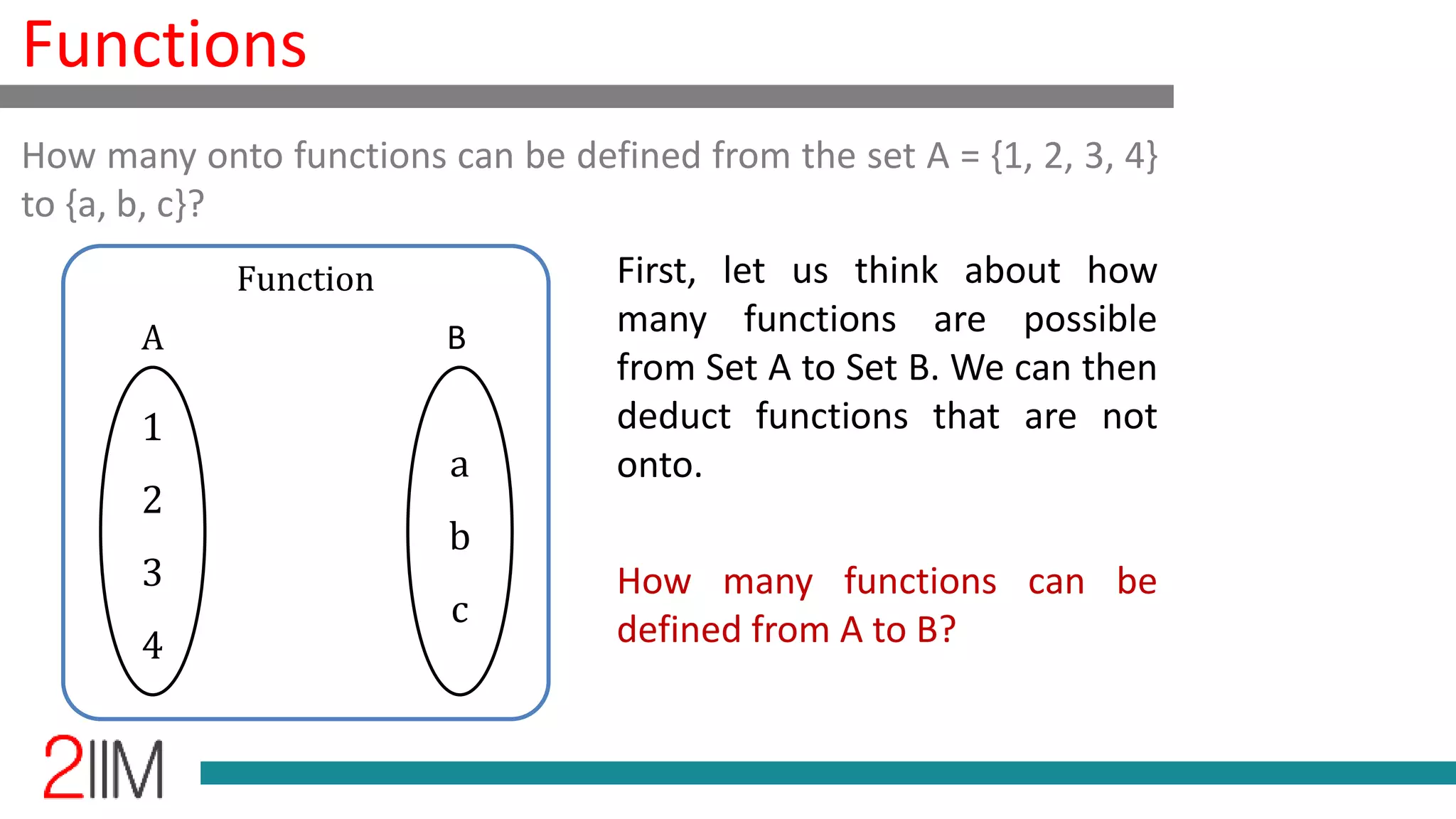 Functions
First, let us think about how
many functions are possible
from Set A to Set B. We can then
deduct functions that are not
onto.
How many functions can be
defined from A to B?
How many onto functions can be defined from the set A = {1, 2, 3, 4}
to {a, b, c}?
1
2
3
4
a
b
c
Function
A B
 
