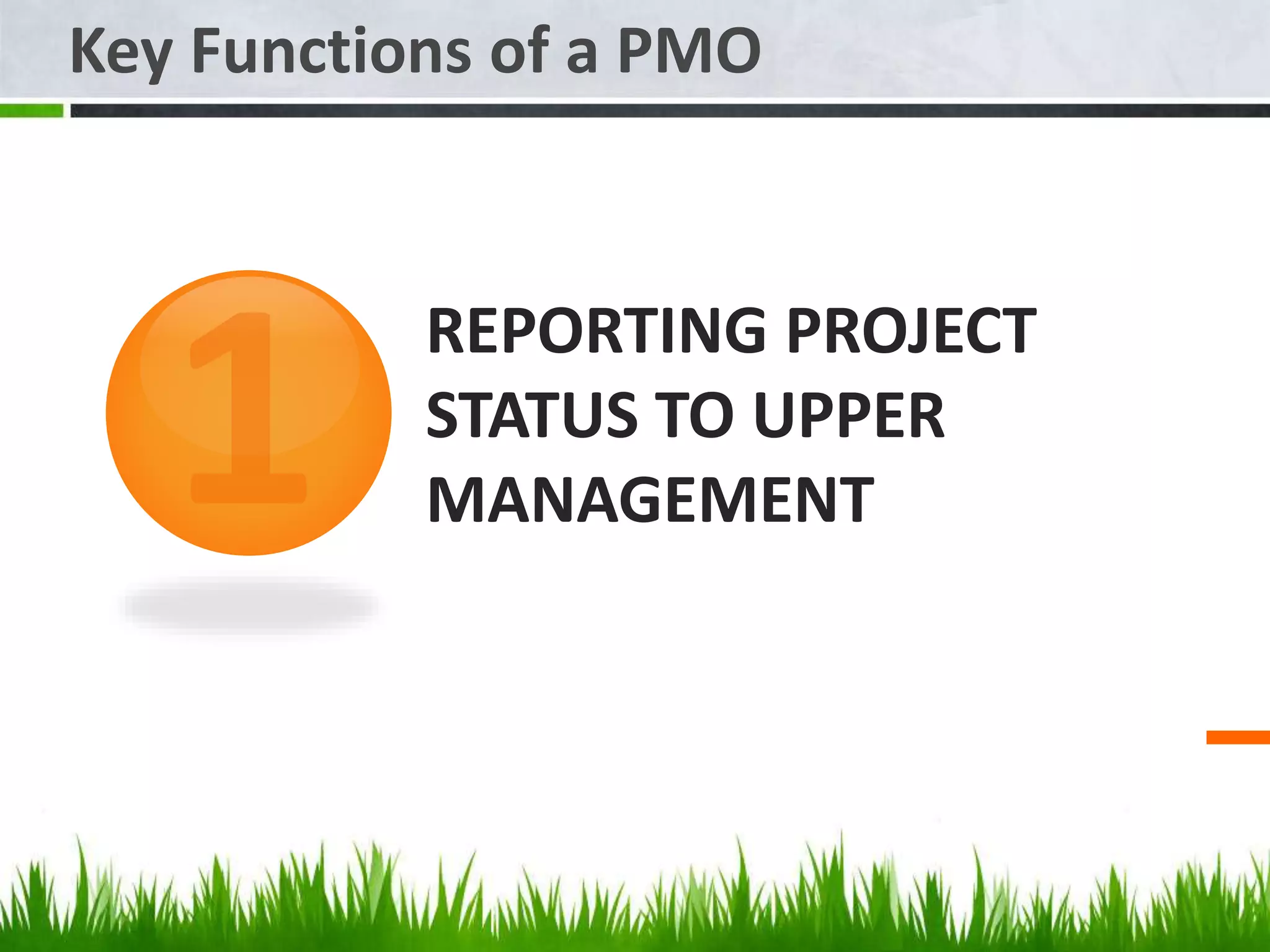 REPORTING PROJECT
STATUS TO UPPER
MANAGEMENT
Key Functions of a PMO
 