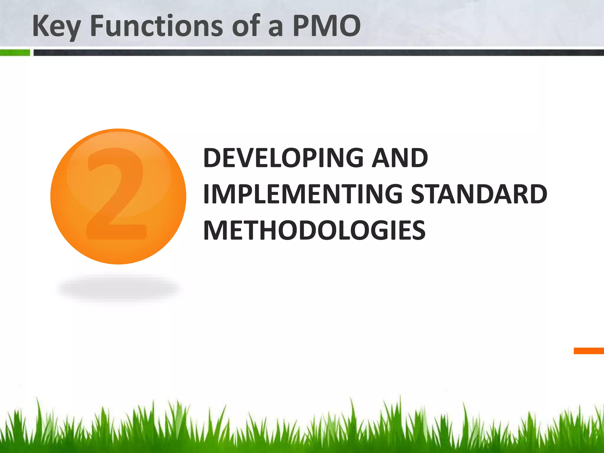 DEVELOPING AND
IMPLEMENTING STANDARD
METHODOLOGIES
Key Functions of a PMO
 