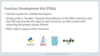 Copyright © 2018, Oracle and/or its affiliates. All rights reserved. |
Function Development Kits (FDKs)
• Familiar syntax for Lambda developers
• Simply write a `handler` function that adheres to the FDK’s interface and
the FDK will provide the input to your function, as well as deal with
returning the proper output format.
• FDKs make it easy to write functions
11
 