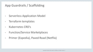 Copyright © 2018, Oracle and/or its affiliates. All rights reserved. |
App Guardrails / Scaffolding
• Serverless Application Model
• Terraform templates
• Kubernetes CRD’s
• Function/Service Marketplaces
• Primer (Expedia), Paved Road (Netflix)
 