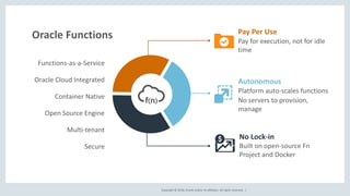 Copyright © 2018, Oracle and/or its affiliates. All rights reserved. |
Autonomous
Platform auto-scales functions
No servers to provision,
manage
Pay Per Use
Pay for execution, not for idle
time
No Lock-in
Built on open-source Fn
Project and Docker
Oracle Functions
Functions-as-a-Service
Oracle Cloud Integrated
Container Native
Multi-tenant
Secure
Open Source Engine
 