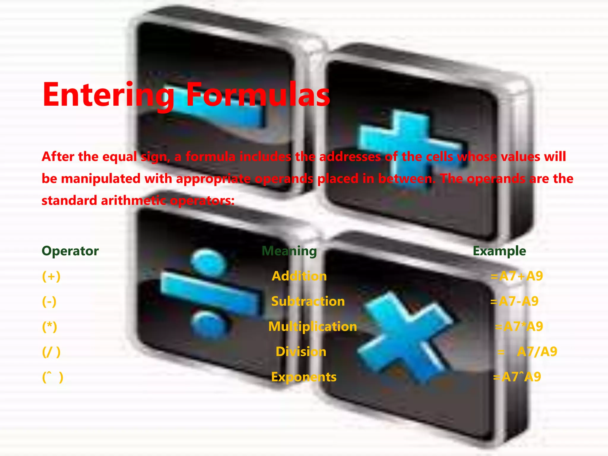 Entering Formulas
After the equal sign, a formula includes the addresses of the cells whose values will
be manipulated with appropriate operands placed in between. The operands are the
standard arithmetic operators:
Operator Meaning Example
(+) Addition =A7+A9
(-) Subtraction =A7-A9
(*) Multiplication =A7*A9
(/ ) Division = A7/A9
(ˆ ) Exponents =A7ˆA9
 