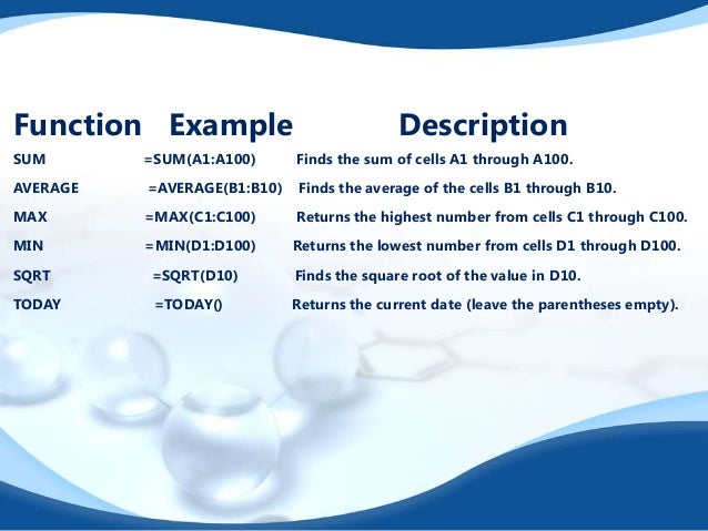Microsoft excel list of sum functions