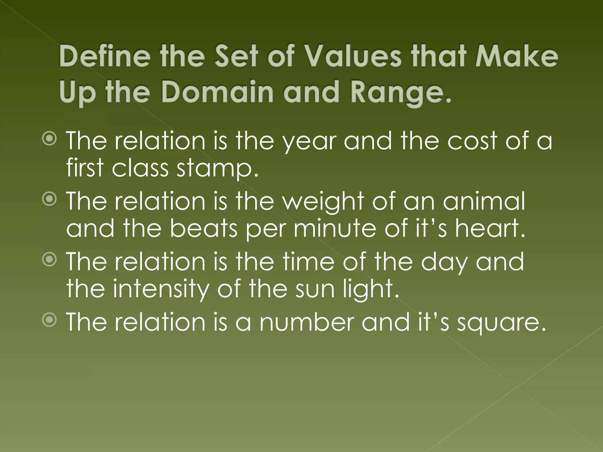  The relation is the year and the cost of a
  first class stamp.
 The relation is the weight of an animal
  and the beats per minute of it’s heart.
 The relation is the time of the day and
  the intensity of the sun light.
 The relation is a number and it’s square.
 