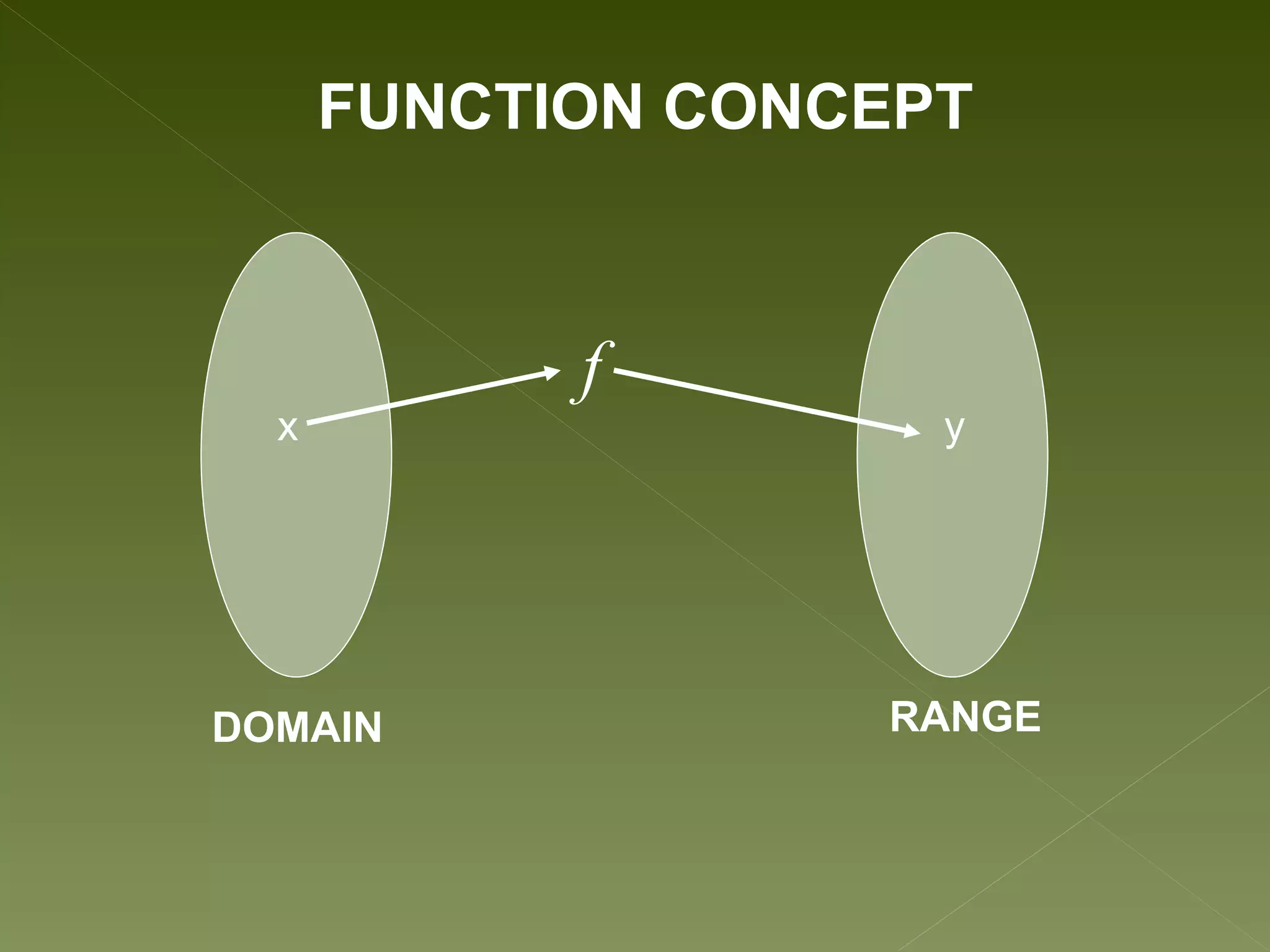 FUNCTION CONCEPT



            f
  x                  y




DOMAIN             RANGE
 