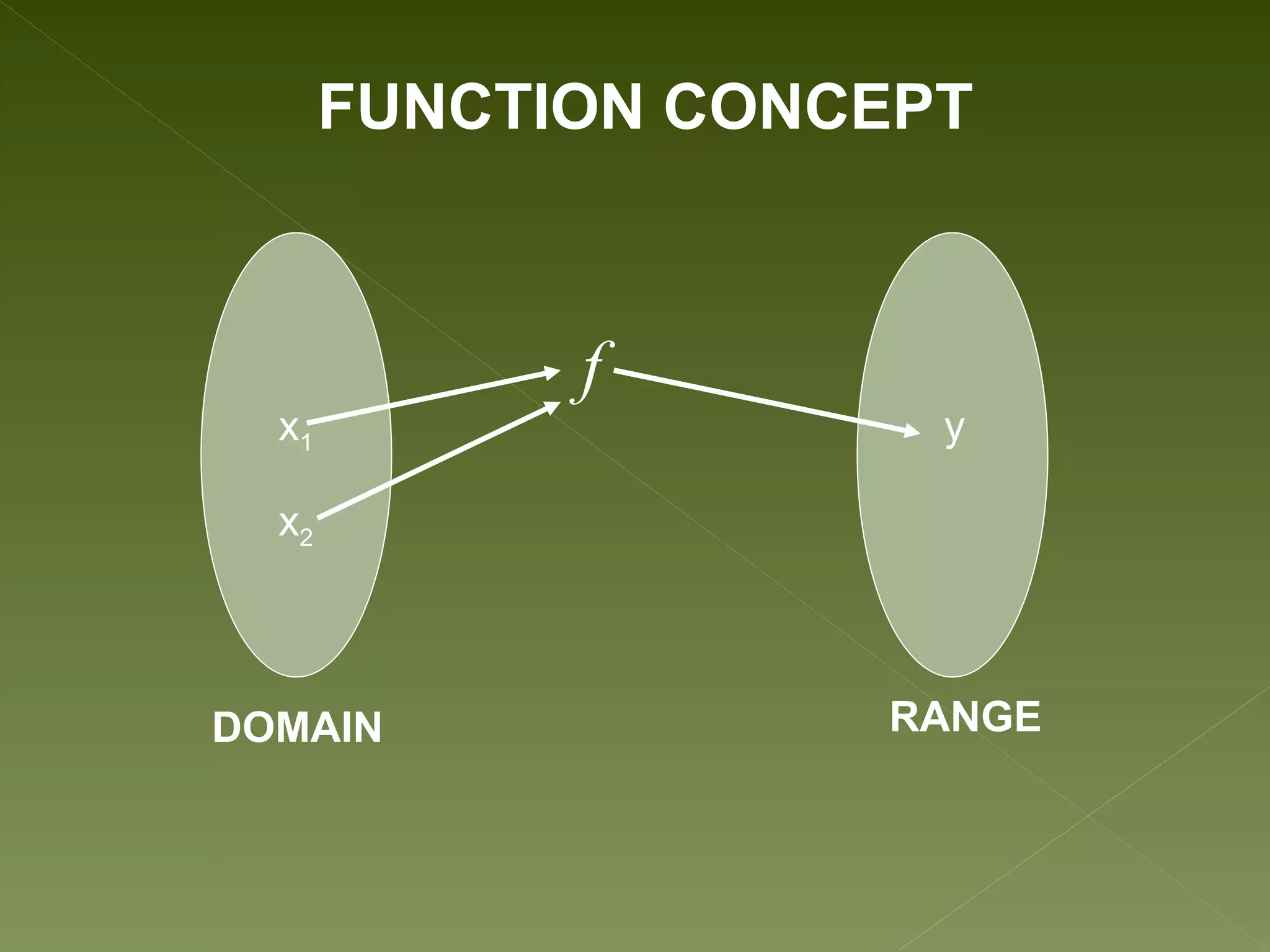 FUNCTION CONCEPT



             f
  x1                  y

  x2



DOMAIN              RANGE
 