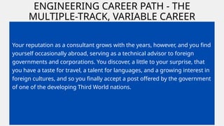 ENGINEERING CAREER PATH - THE
MULTIPLE-TRACK, VARIABLE CAREER
Your reputation as a consultant grows with the years, however, and you find
yourself occasionally abroad, serving as a technical advisor to foreign
governments and corporations. You discover, a little to your surprise, that
you have a taste for travel, a talent for languages, and a growing interest in
foreign cultures, and so you finally accept a post offered by the government
of one of the developing Third World nations.
 