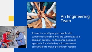 An Engineering
Team
A team is a small group of people with
complementary skills who are committed to a
common purpose, performance goals and
approach, for which they hold themselves
accountable to making teamwork happen.
 