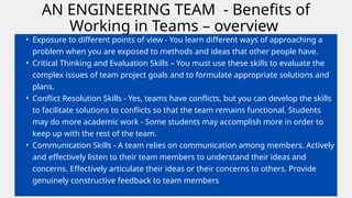 AN ENGINEERING TEAM - Benefits of
Working in Teams – overview
• Exposure to different points of view - You learn different ways of approaching a
problem when you are exposed to methods and ideas that other people have.
• Critical Thinking and Evaluation Skills – You must use these skills to evaluate the
complex issues of team project goals and to formulate appropriate solutions and
plans.
• Conflict Resolution Skills - Yes, teams have conflicts, but you can develop the skills
to facilitate solutions to conflicts so that the team remains functional. Students
may do more academic work - Some students may accomplish more in order to
keep up with the rest of the team.
• Communication Skills - A team relies on communication among members. Actively
and effectively listen to their team members to understand their ideas and
concerns. Effectively articulate their ideas or their concerns to others. Provide
genuinely constructive feedback to team members
 