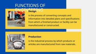 FUNCTIONS OF
ENGINEERING
Design
is the process of converting concepts and
information into detailed plans and specifications
from which a finished product or facility can be
manufactured or constructed.
Production
is the industrial process by which products or
articles are manufactured from raw materials.
 