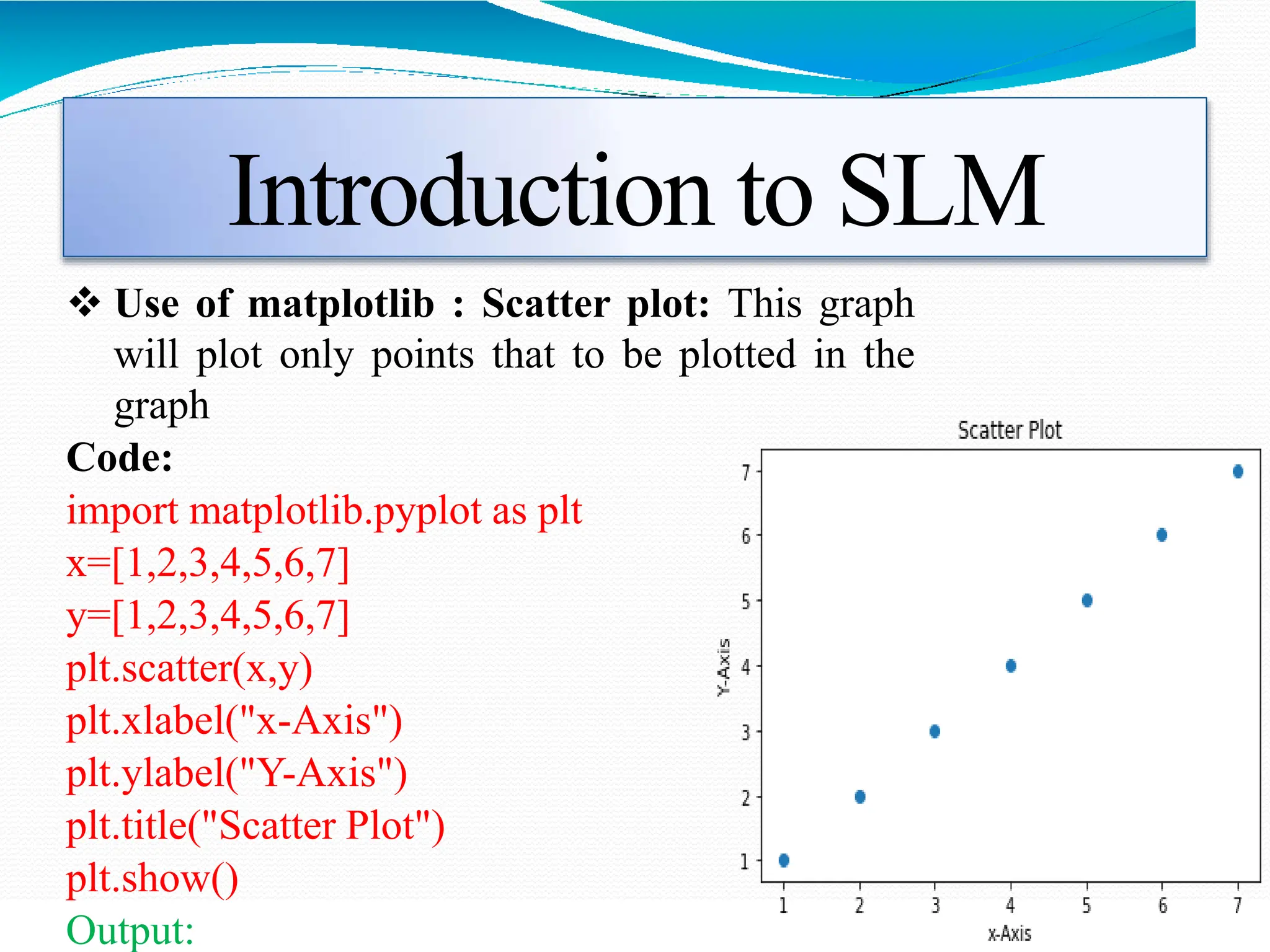 Introduction to SLM
 Use of matplotlib : Scatter plot: This graph
will plot only points that to be plotted in the
graph
Code:
import matplotlib.pyplot as plt
x=[1,2,3,4,5,6,7]
y=[1,2,3,4,5,6,7]
plt.scatter(x,y)
plt.xlabel("x-Axis")
plt.ylabel("Y-Axis")
plt.title("Scatter Plot")
plt.show()
Output:
 
