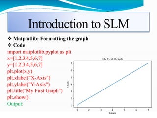 Introduction to SLM
 Matplotlib: Formatting the graph
 Code
import matplotlib.pyplot as plt
x=[1,2,3,4,5,6,7]
y=[1,2,3,4,5,6,7]
plt.plot(x,y)
plt.xlabel("X-Axis")
plt.ylabel("Y-Axis")
plt.title("My First Graph")
plt.show()
Output:
 