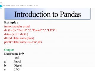 Introduction to Pandas
Example :
import pandas as pd
dict1={'a':"Petrol",'b':"Diesel",'c':"LPG"}
data={'col1':dict1}
df=pd.DataFrame(data)
print("DataFrame is-->n",df)
Output:
DataFrame is
col1
a Petrol
b Diesel
c LPG
tuple
DataFrame is--> col1 a Petrol b Diesel c LPG
DataFrame is--> col1 a Petrol b Diesel c LPG
 