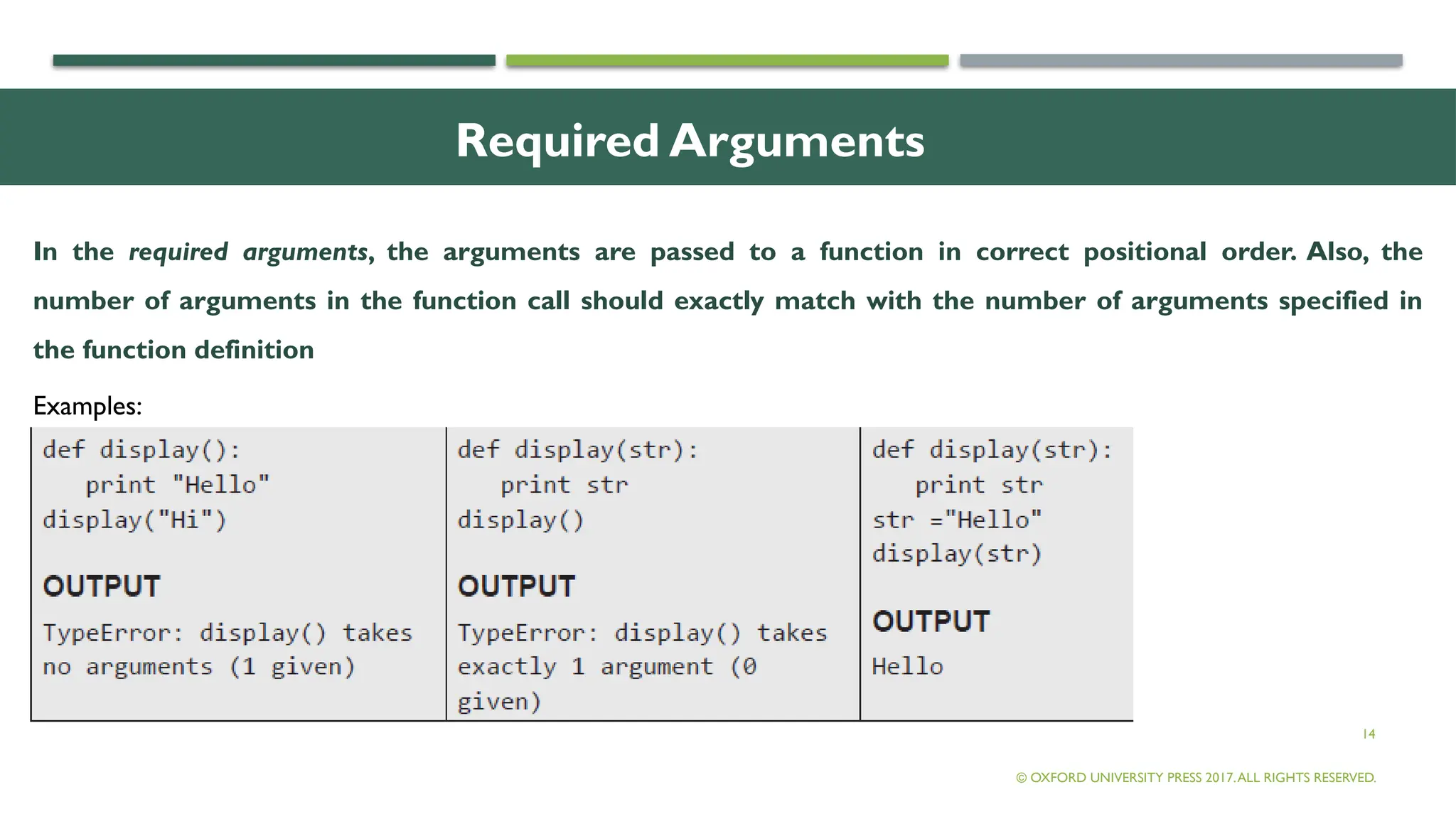 14
Required Arguments
In the required arguments, the arguments are passed to a function in correct positional order. Also, the
number of arguments in the function call should exactly match with the number of arguments specified in
the function definition
© OXFORD UNIVERSITY PRESS 2017.ALL RIGHTS RESERVED.
Examples:
 