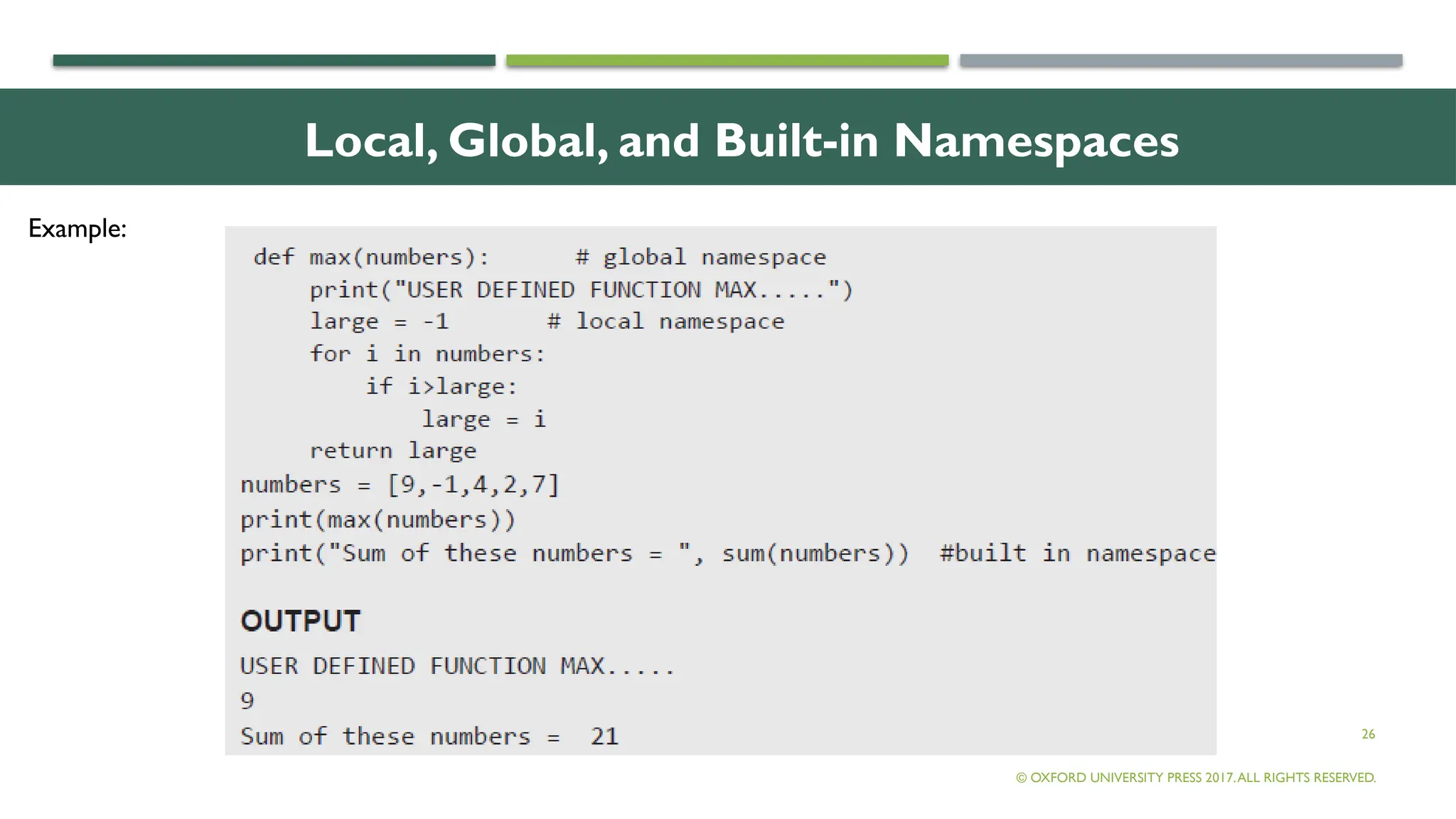 26
Local, Global, and Built-in Namespaces
© OXFORD UNIVERSITY PRESS 2017.ALL RIGHTS RESERVED.
Example:
 