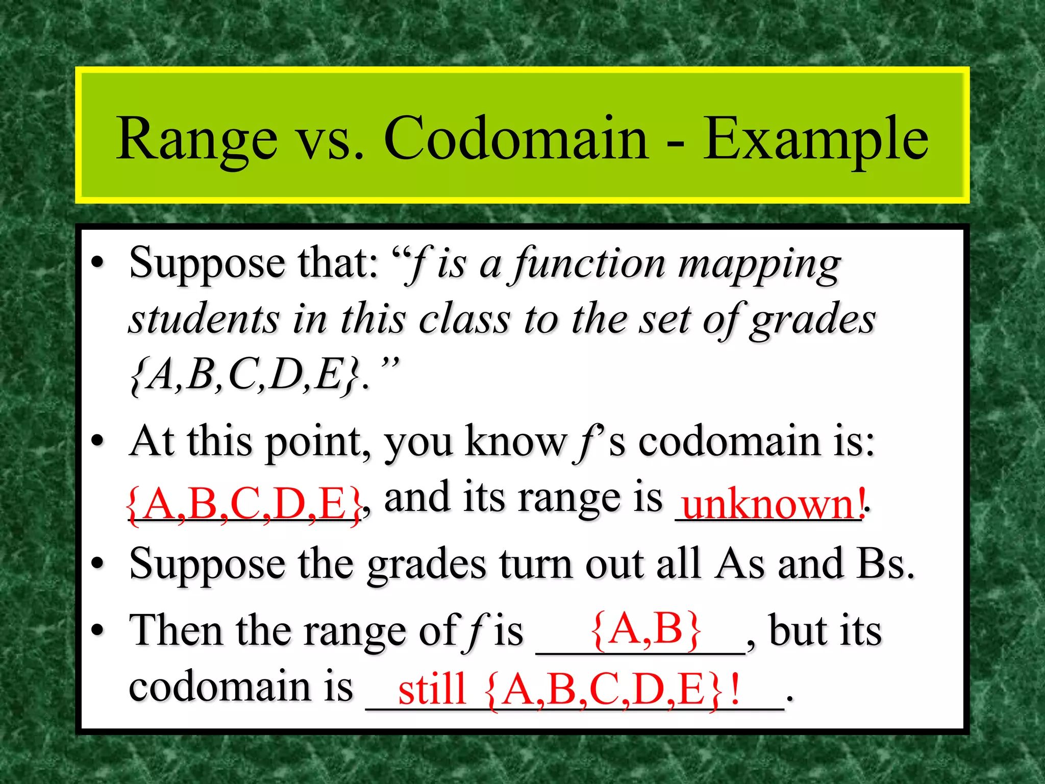 Range vs. Codomain - Example
• Suppose that: “f is a function mapping
students in this class to the set of grades
{A,B,C,D,E}.”
• At this point, you know f’s codomain is:
__________, and its range is ________.
• Suppose the grades turn out all As and Bs.
• Then the range of f is _________, but its
codomain is __________________.
{A,B,C,D,E} unknown!
{A,B}
still {A,B,C,D,E}!
 