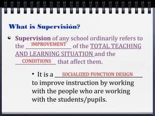 What is Supervisión?
 Supervision of any school ordinarily refers to
the ___________________ of the TOTAL TEACHING
AND LEARNING SITUATION and the
_________________ that affect them.
IMPROVEMENT
CONDITIONS
• It is a __________________________________
to improve instruction by working
with the people who are working
with the students/pupils.
SOCIALIZED FUNCTION DESIGN
 