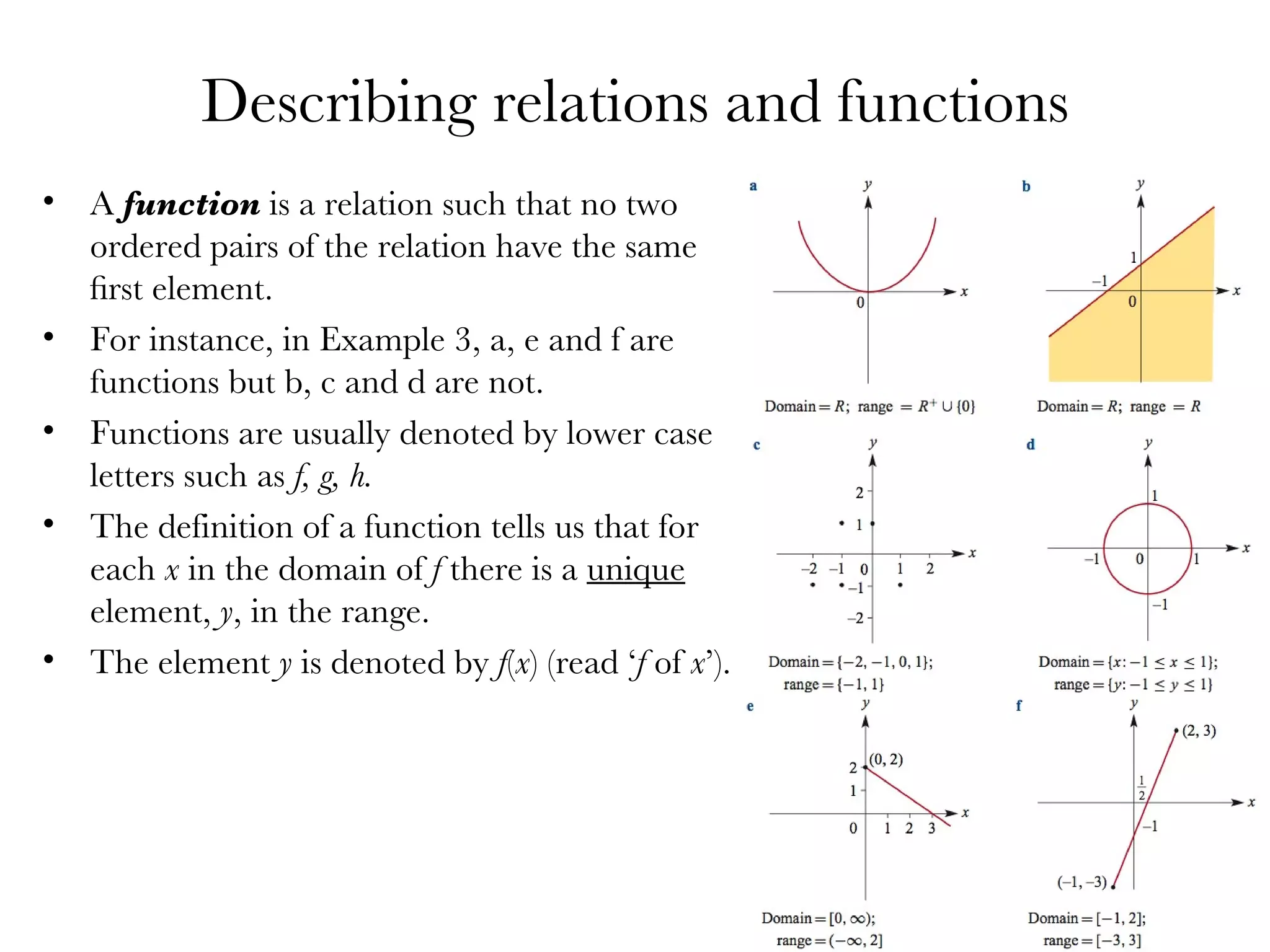 Describing relations and functions A  function  is a relation such that no two ordered pairs of the relation have the same ﬁrst element.  For instance, in Example 3, a, e and f are functions but b, c and d are not. Functions are usually denoted by lower case letters such as  f, g, h. The definition of a function tells us that for each  x  in the domain of  f  there is a  unique  element,  y , in the range.  The element  y  is denoted by  f ( x ) (read ‘ f  of  x ’). 