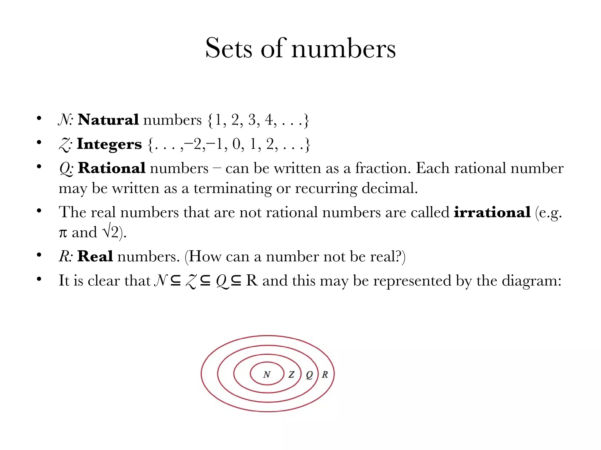 Sets of numbers N:   Natural  numbers {1, 2, 3, 4, . . .}  Z:  Integers  {. . . ,−2,−1, 0, 1, 2, . . .} Q:  Rational  numbers – can be written as a fraction. Each rational number may be written as a terminating or recurring decimal.  The real numbers that are not rational numbers are called  irrational  (e.g. π and √2). R:  Real  numbers. (How can a number not be real?) It is clear that  N ⊆ Z ⊆ Q ⊆  R and this may be represented by the diagram: 