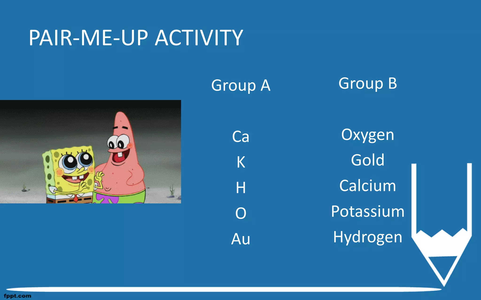 PAIR-ME-UP ACTIVITY
Group A
Ca
K
H
O
Au
Group B
Oxygen
Gold
Calcium
Potassium
Hydrogen
 