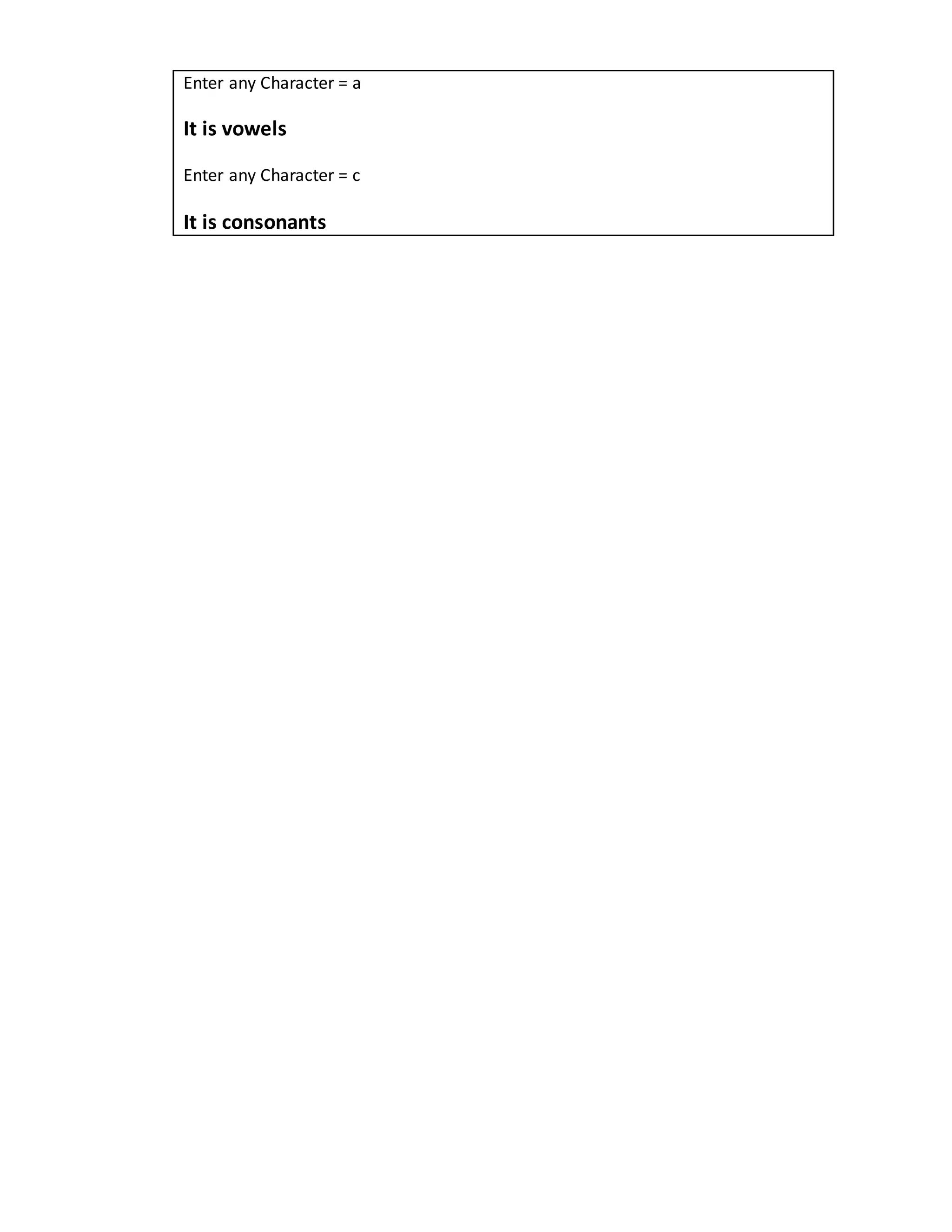 Enter any Character = a 
It is vowels 
Enter any Character = c 
It is consonants 
