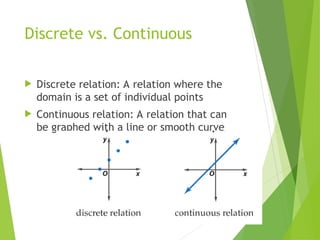 Discrete vs. Continuous
 Discrete relation: A relation where the
domain is a set of individual points
 Continuous relation: A relation that can
be graphed with a line or smooth curve
 