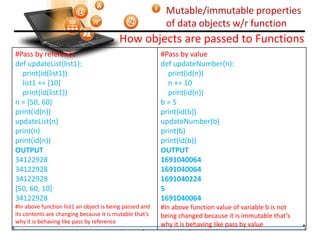 Mutable/immutable properties
of data objects w/r function
Visit : python.mykvs.in for regular updates
How objects are passed to Functions
#Pass by reference
def updateList(list1):
print(id(list1))
list1 += [10]
print(id(list1))
n = [50, 60]
print(id(n))
updateList(n)
print(n)
print(id(n))
OUTPUT
34122928
34122928
34122928
[50, 60, 10]
34122928
#In above function list1 an object is being passed and
its contents are changing because it is mutable that’s
why it is behaving like pass by reference
#Pass by value
def updateNumber(n):
print(id(n))
n += 10
print(id(n))
b = 5
print(id(b))
updateNumber(b)
print(b)
print(id(b))
OUTPUT
1691040064
1691040064
1691040224
5
1691040064
#In above function value of variable b is not
being changed because it is immutable that’s
why it is behaving like pass by value
 