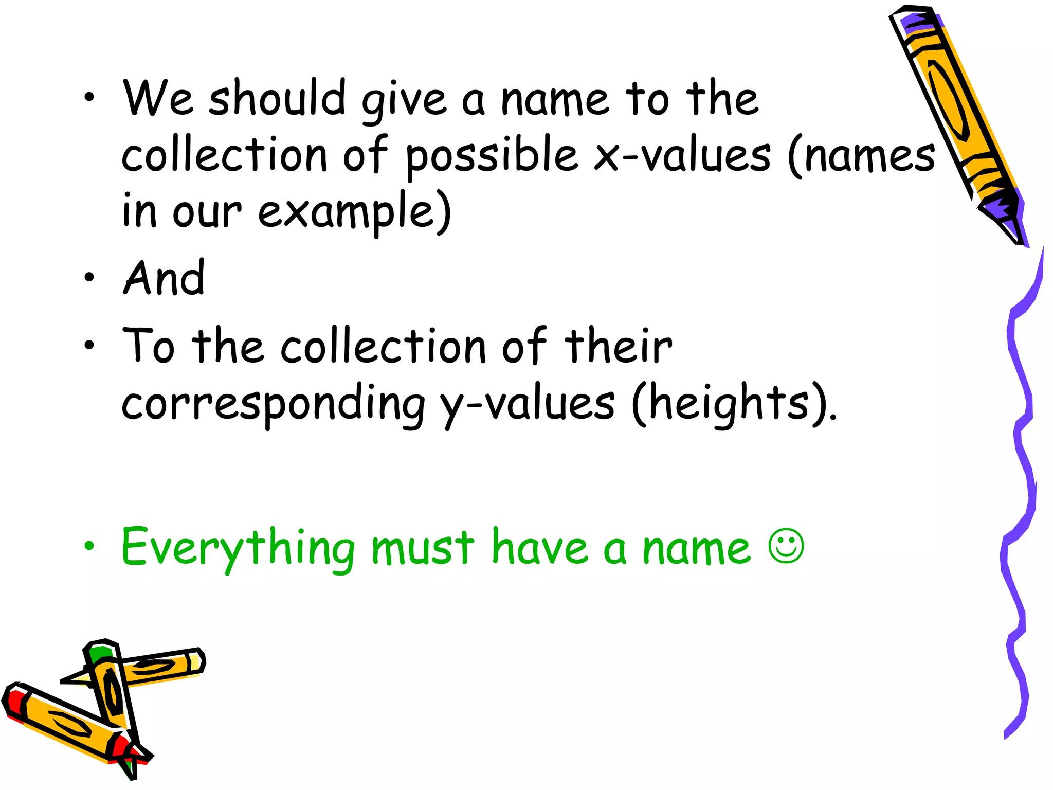 • We should give a name to the
collection of possible x-values (names
in our example)
• And
• To the collection of their
corresponding y-values (heights).
• Everything must have a name 
 