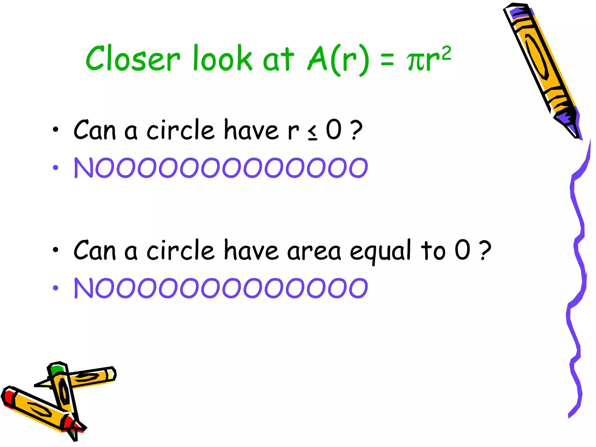 Closer look at A(r) = πr2
• Can a circle have r ≤ 0 ?
• NOOOOOOOOOOOOO
• Can a circle have area equal to 0 ?
• NOOOOOOOOOOOOO
 