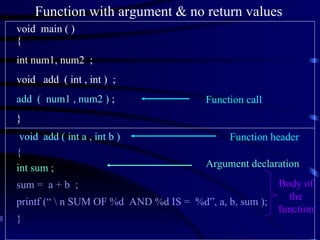 Function with argument & no return values void  main ( ) { int num1, num2  ; void  add  ( int , int )  ; add  (  num1 , num2 )  ; } void  add ( int a , int b ) { int sum ; sum =  a + b  ; printf (“ n SUM OF %d  AND %d IS =  %d”, a, b, sum ); } Function header Body of the function Function call Argument declaration 