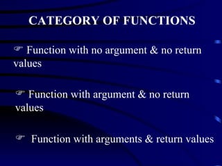 CATEGORY OF FUNCTIONS Function with no argument & no return values Function with argument & no return values Function with arguments & return values 