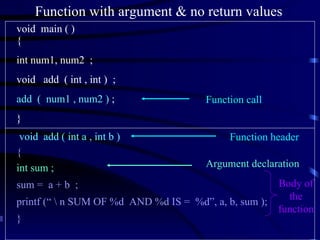 Function with argument & no return values void  main ( ) { int num1, num2  ; void  add  ( int , int )  ; add  (  num1 , num2 )  ; } void  add ( int a , int b ) { int sum ; sum =  a + b  ; printf (“ \ n SUM OF %d  AND %d IS =  %d”, a, b, sum ); } Function header Body of the function Function call Argument declaration 