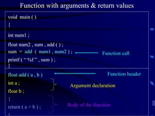 Function with arguments & return values void  main ( ) { int num1 ; float num2 , sum , add ( ) ; sum  =  add  (  num1 , num2 )  ; printf ( “ %f ” , sum ) ; } float add ( a , b ) int a ; float b ; { return ( a + b ) ; } Function header Body of the function Function call Argument declaration 