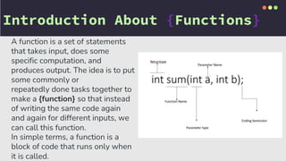 Introduction About {Functions}
A function is a set of statements
that takes input, does some
specific computation, and
produces output. The idea is to put
some commonly or
repeatedly done tasks together to
make a {function} so that instead
of writing the same code again
and again for different inputs, we
can call this function.
In simple terms, a function is a
block of code that runs only when
it is called.
 