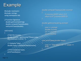 Page  10
ExampleExample
#include <iostream>
#include <string>
using namespace std;
// Function Signature
double getIncome(string);
double computeTaxes(double);
void printTaxes(double);
void main()
{
// Get the income;
double income = getIncome("Please enter
the employee income: ");
// Compute Taxes
double taxes = computeTaxes(income);
// Print employee taxes
printTaxes(taxes);
}
double computeTaxes(double income)double computeTaxes(double income)
{{
if (income<5000) return 0.0;if (income<5000) return 0.0;
return 0.07*(income-5000.0);return 0.07*(income-5000.0);
}}
double getIncome(string prompt)double getIncome(string prompt)
{{
cout << prompt;cout << prompt;
double income;double income;
cin >> income;cin >> income;
return income;return income;
}}
void printTaxes(double taxes)void printTaxes(double taxes)
{{
cout << "The taxes is $" << taxes <<cout << "The taxes is $" << taxes <<
endl;endl;
}}
 