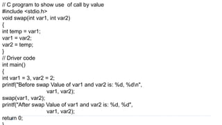 // C program to show use of call by value
#include <stdio.h>
void swap(int var1, int var2)
{
int temp = var1;
var1 = var2;
var2 = temp;
}
// Driver code
int main()
{
int var1 = 3, var2 = 2;
printf("Before swap Value of var1 and var2 is: %d, %dn",
var1, var2);
swap(var1, var2);
printf("After swap Value of var1 and var2 is: %d, %d",
var1, var2);
return 0;
 