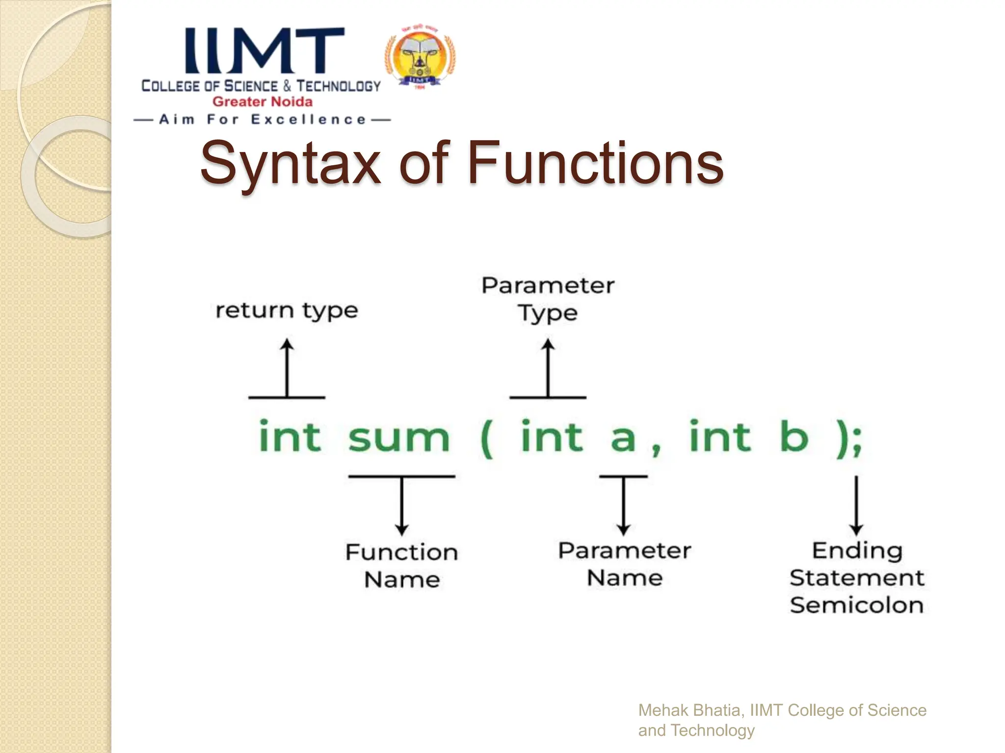 Syntax of Functions
Mehak Bhatia, IIMT College of Science
and Technology
 
