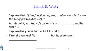 Think & Write
Walchand Institute of Technology, Solapur 8
• Suppose that: “f is a function mapping students in this class to
the set of grades {A,B,C,D,E}.”
• At this point, you know f’s codomain is: __________, and its
range is ________.
• Suppose the grades turn out all As and Bs.
• Then the range of f is _________, but its codomain is
__________________.
 