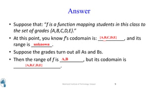Answer
• Suppose that: “f is a function mapping students in this class to
the set of grades {A,B,C,D,E}.”
• At this point, you know f’s codomain is: __________, and its
range is ________.
• Suppose the grades turn out all As and Bs.
• Then the range of f is _________, but its codomain is
__________________.
Walchand Institute of Technology, Solapur 9
unknown
{A,B,C,D,E}
A,B
{A,B,C,D,E}
 