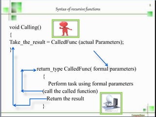 Syntax-of recursive functions
void Calling()
{
Take_the_result = CalledFunc (actual Parameters);
}
return_type CalledFunc( formal parameters)
{
Perform task using formal parameters
(call the called function)
Return the result
}
 