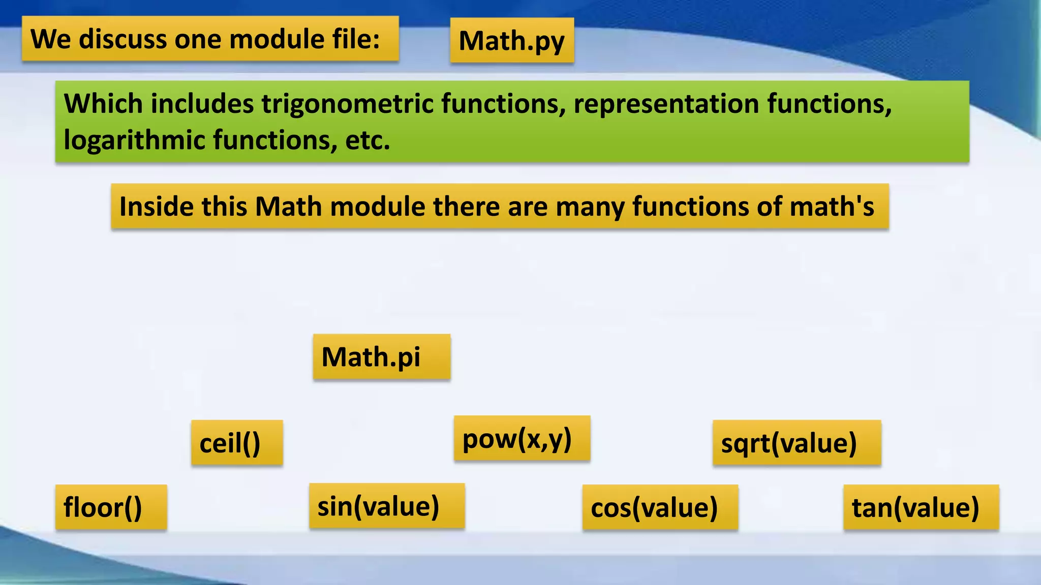 We discuss one module file: Inside this Math module there are many functions of math's ceil() floor() pow(x,y) sqrt(value) cos(value)sin(value) tan(value) Which includes trigonometric functions, representation functions, logarithmic functions, etc. Math.py Math.pi 